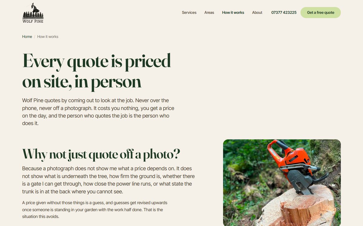 The How it works page, headed Every quote is priced on site, in person, beside a photograph of a chainsaw resting on a fresh stump